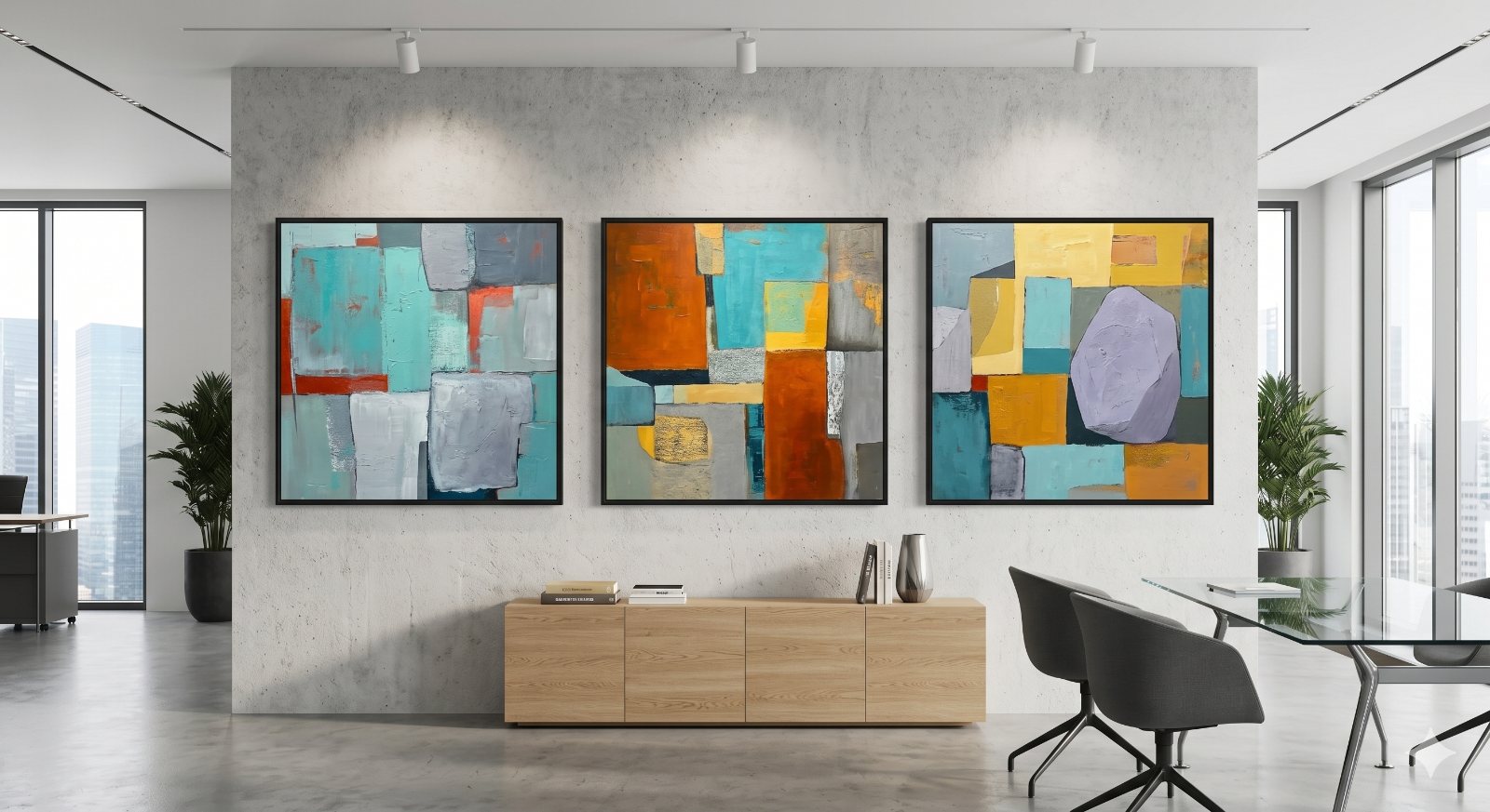 Abstract triptych in a modern office
