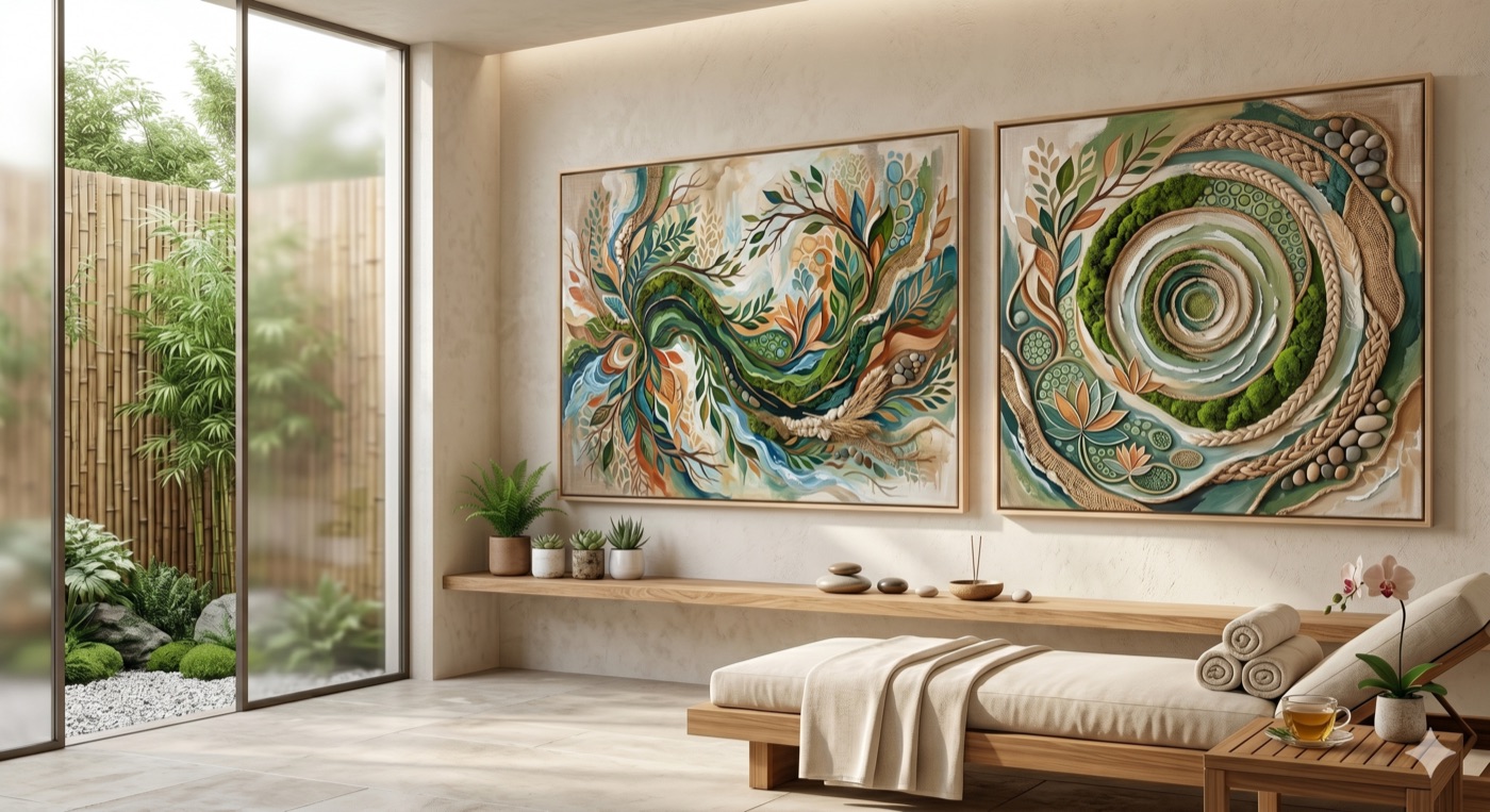 Biophilic organic-textured diptych in a spa interior