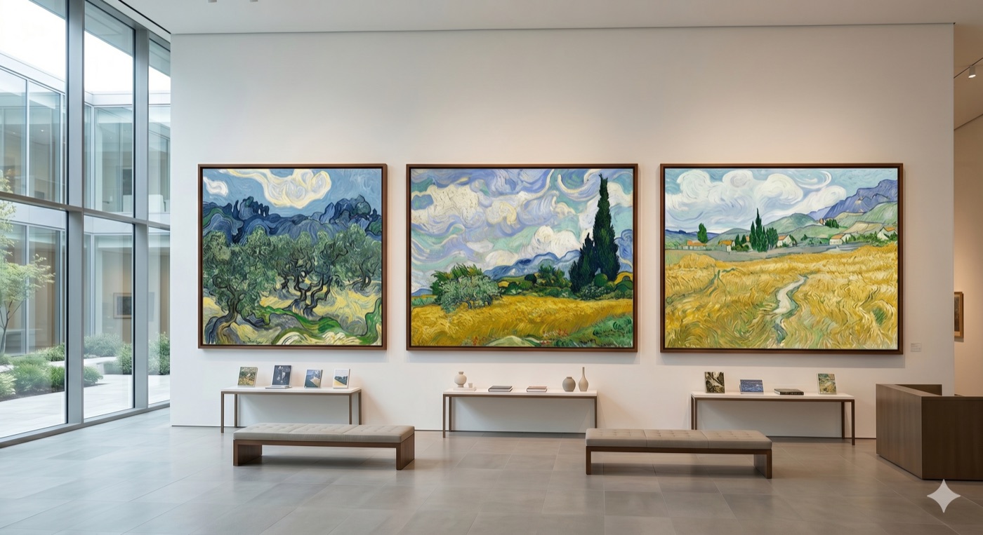Post-impressionist landscape triptych in a gallery space