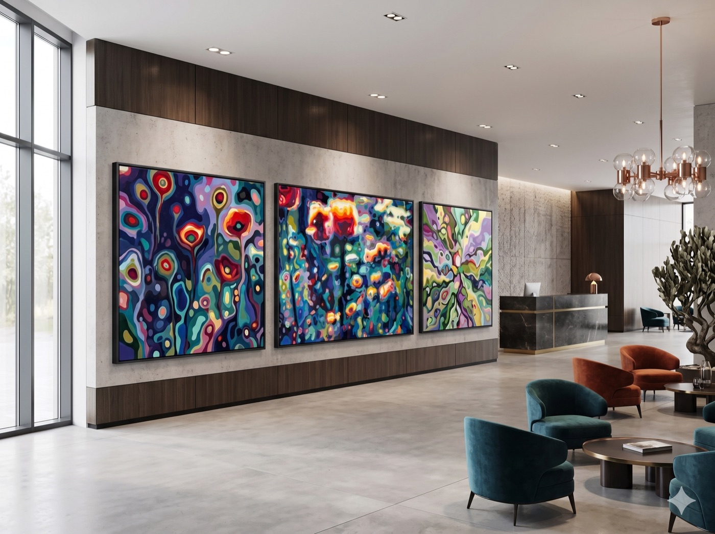 Vibrant floral triptych in a commercial lobby