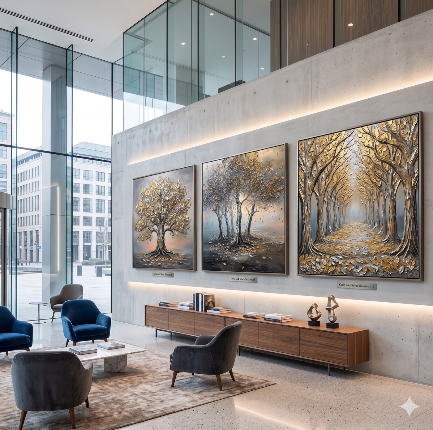 Gold and silver textured tree triptych in a modern lobby